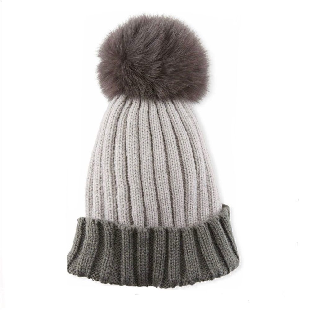Adrienne Landau Merino Wool Fox Fur Pom Hat OS